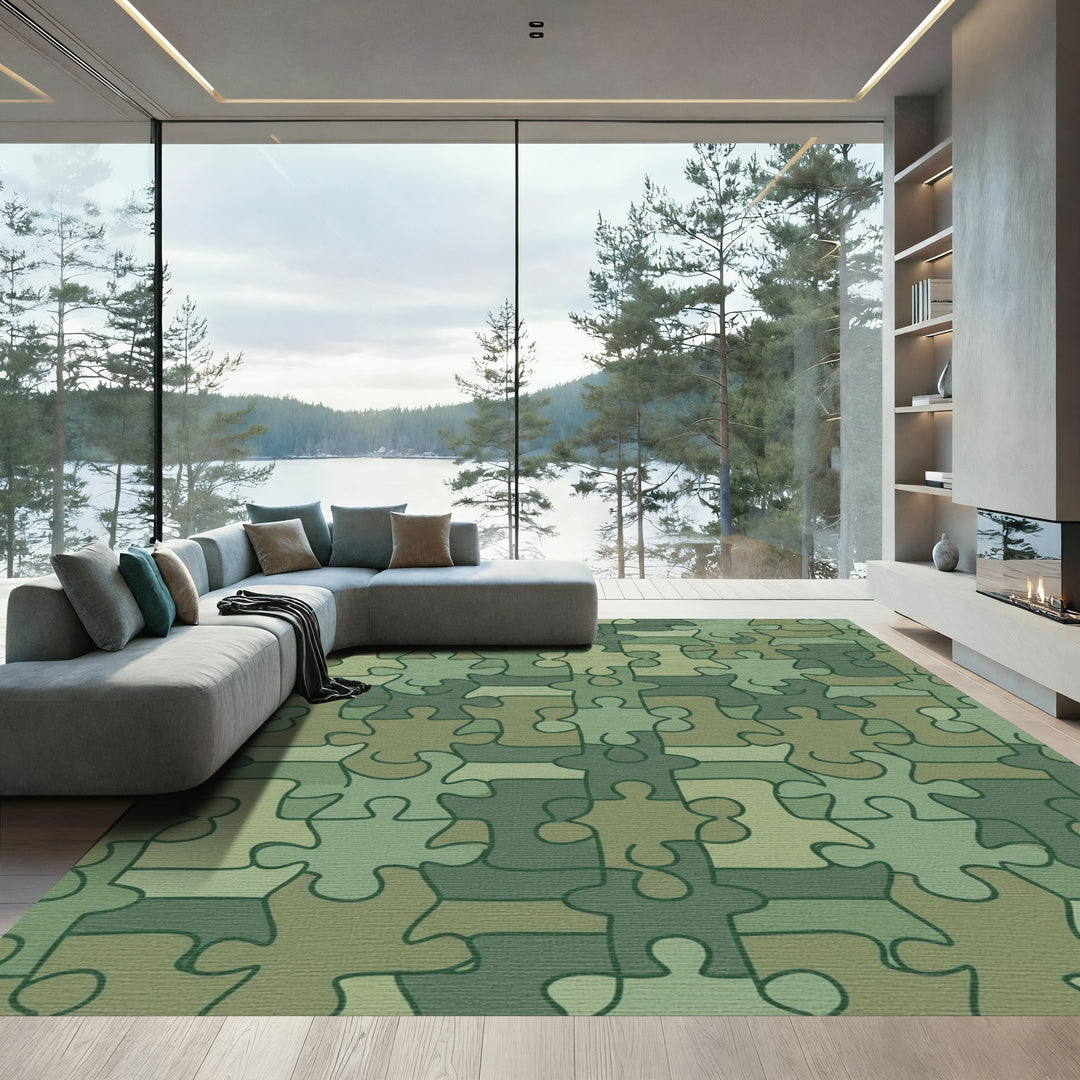 Green Camouflage Puzzle Piece Arrangement Rug