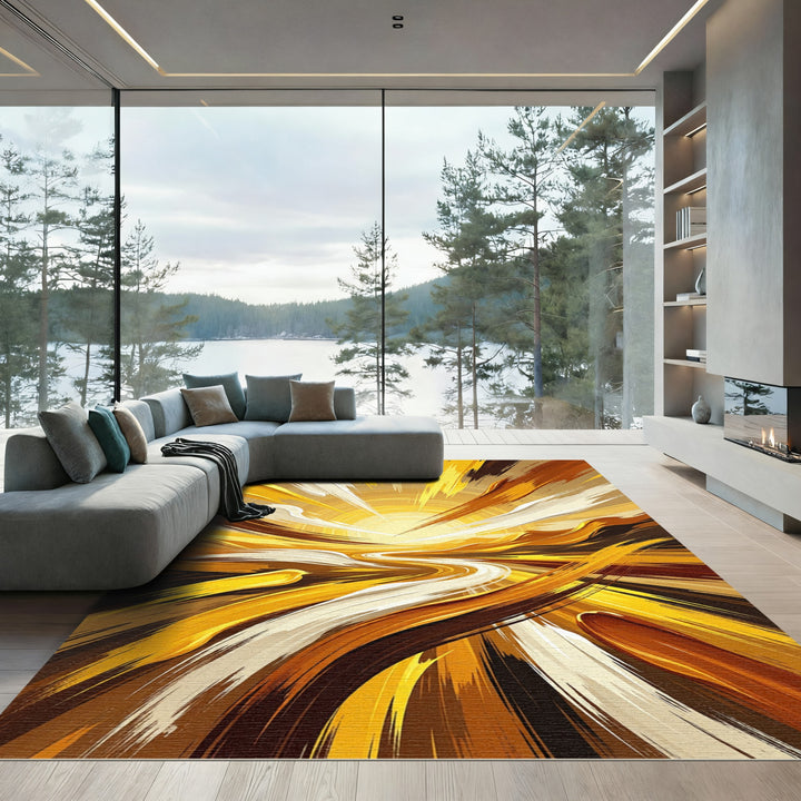 Abstract Golden Sunburst Splatter Rug