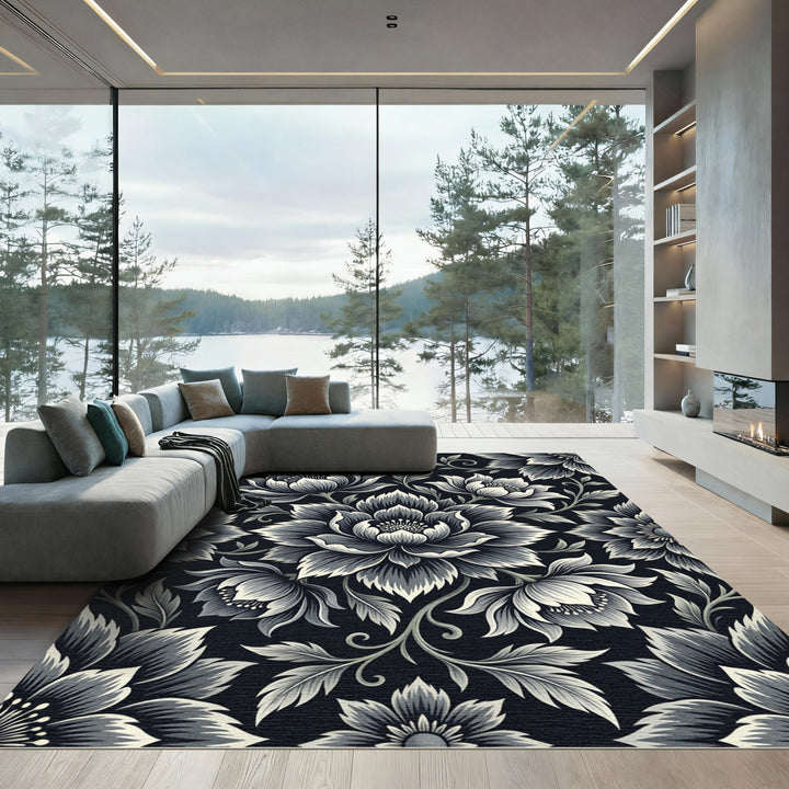 Monochromatic Vintage Floral Vines Rug