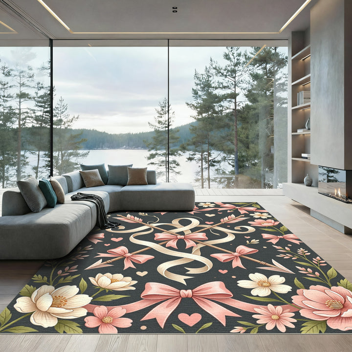 Pink Rose Heart Arrow Ribbon Bloom Rug