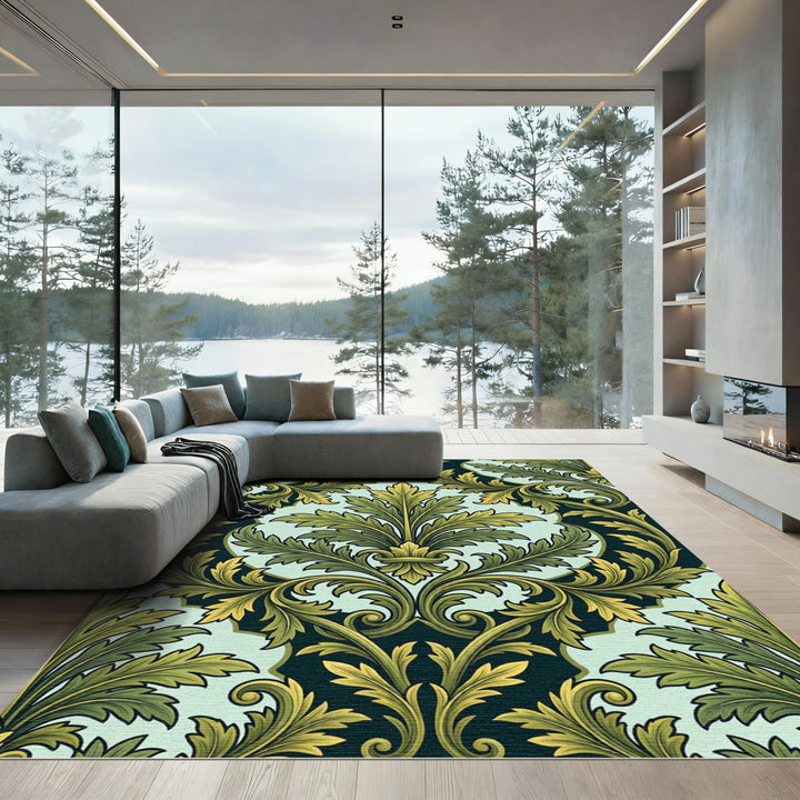 Dark Teal Emerald Acanthus Scrolls Rug