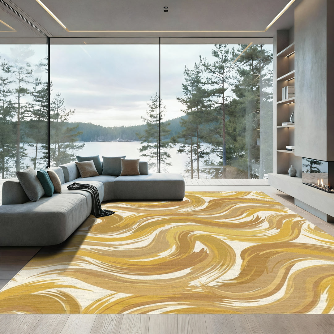 Golden Earthy Swirl Brushstroke Rug