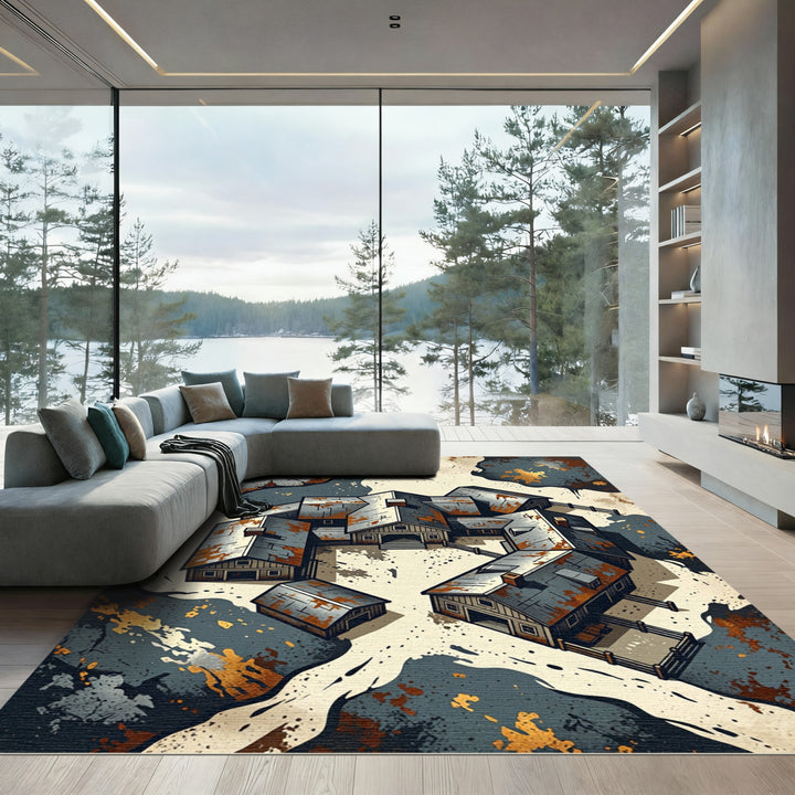 Rustic Farmhouse Village Abstract Splatter Rug