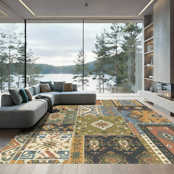 Patchwork Earth Tones Geometric Medallion Rug