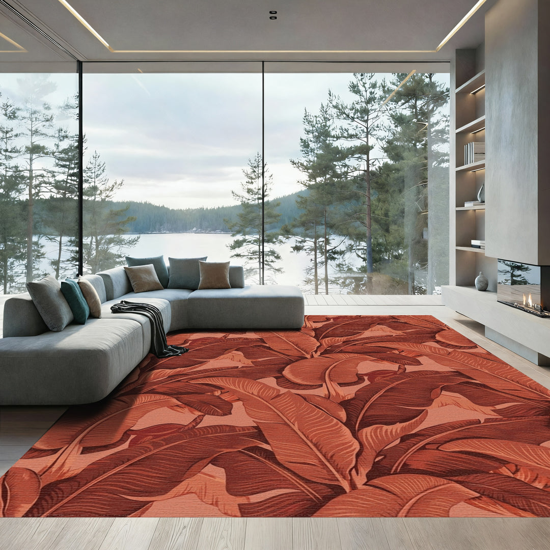 Terracotta Banana Leaf Tropical Foliage Rug