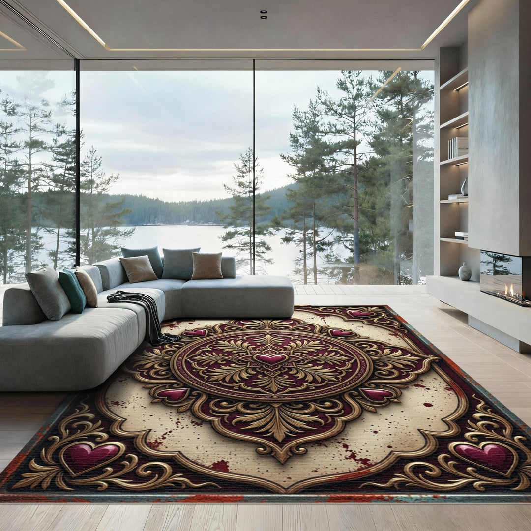 Ornate Burgundy Heart Scrollwork Rug