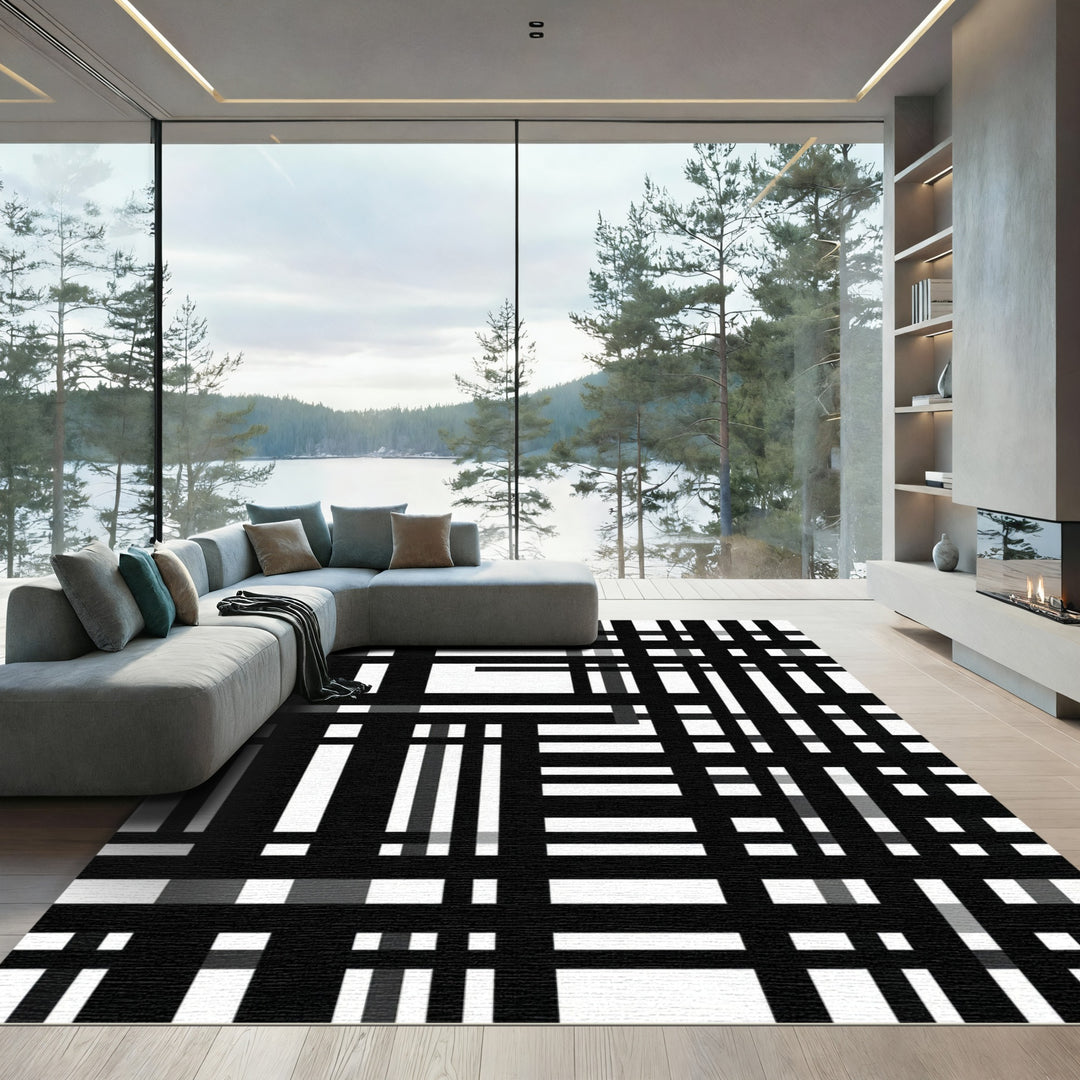 Black White Geometric Plaid Ticking Rug
