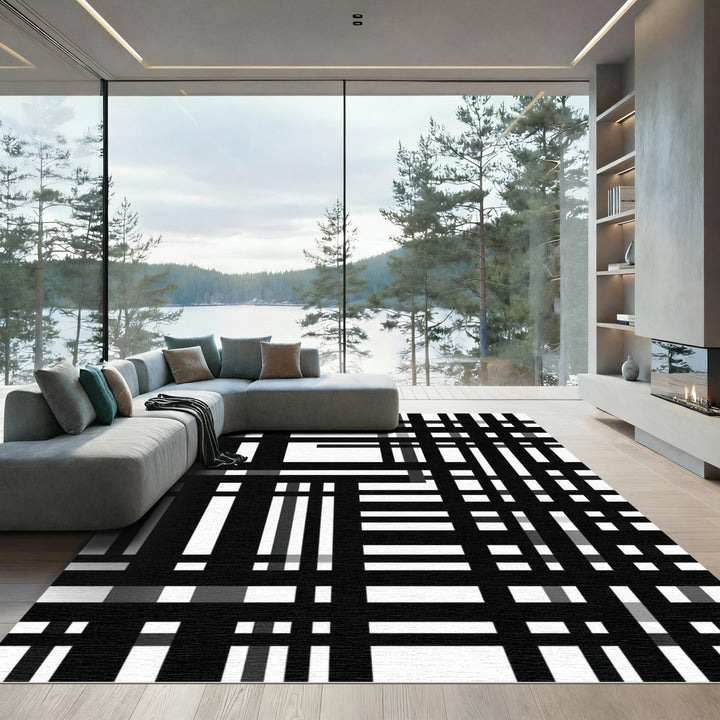 Black White Geometric Plaid Ticking Rug