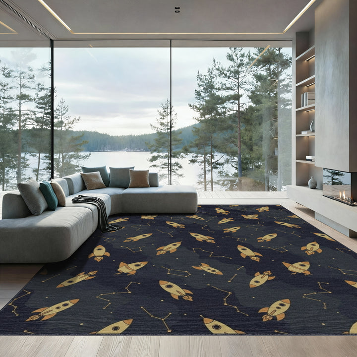Golden Rockets and Constellations Aboard Rug