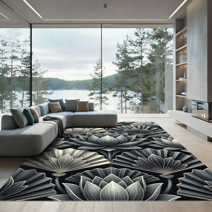 Elegant Black White Lotus Fan Rug