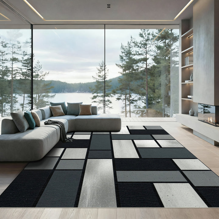 Geometric Concrete and Silver Rectangles Rug