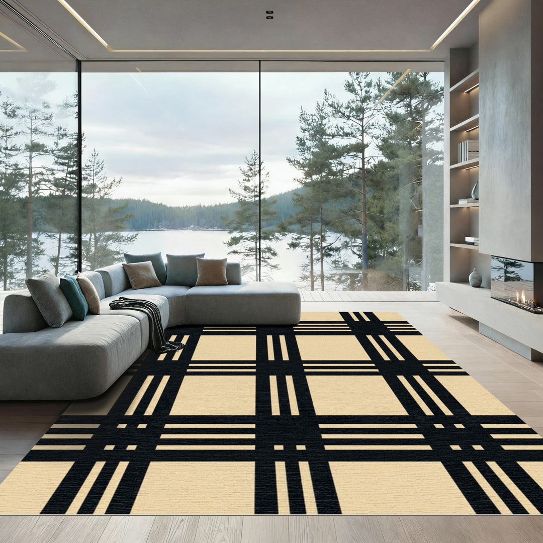 Classic Black Beige Plaid Grid Rug