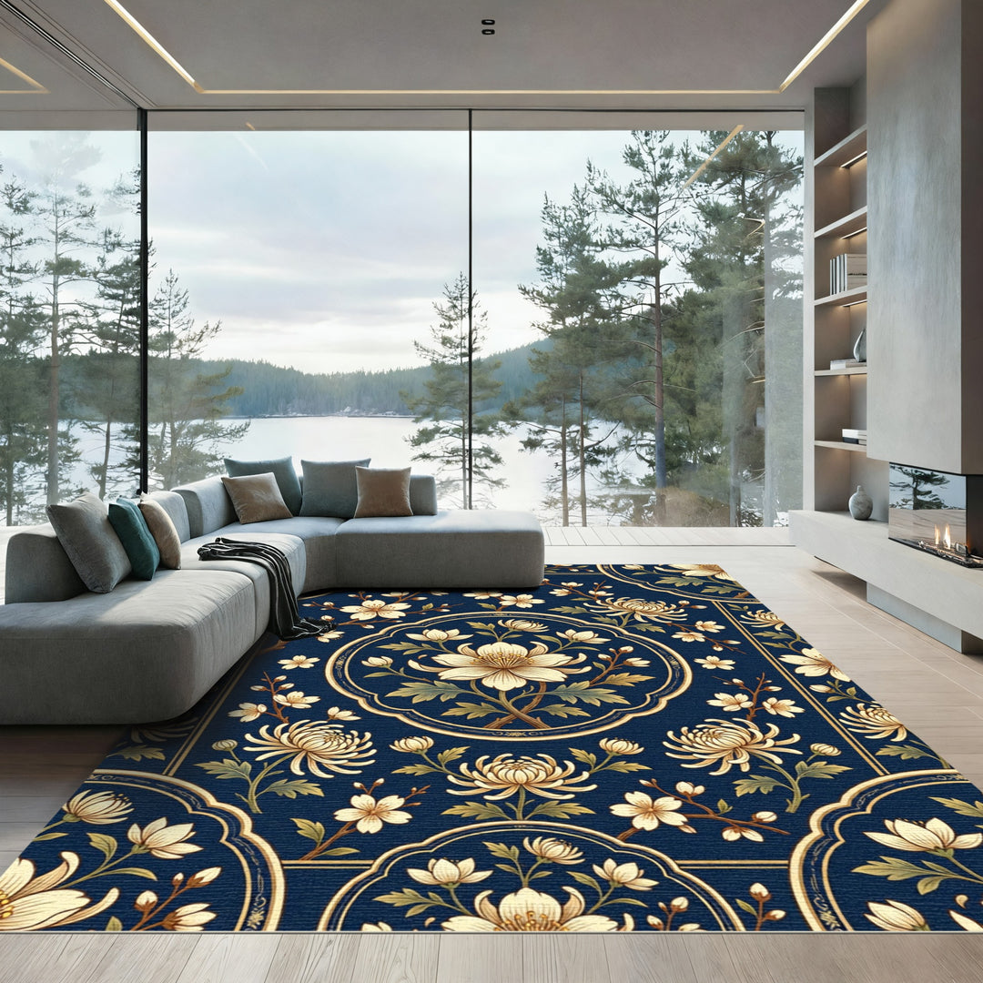 Navy Blue Floral Medallion Art Rug