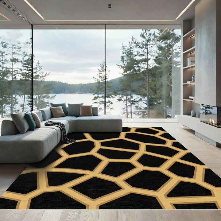 Golden Network Black Geometric Rug
