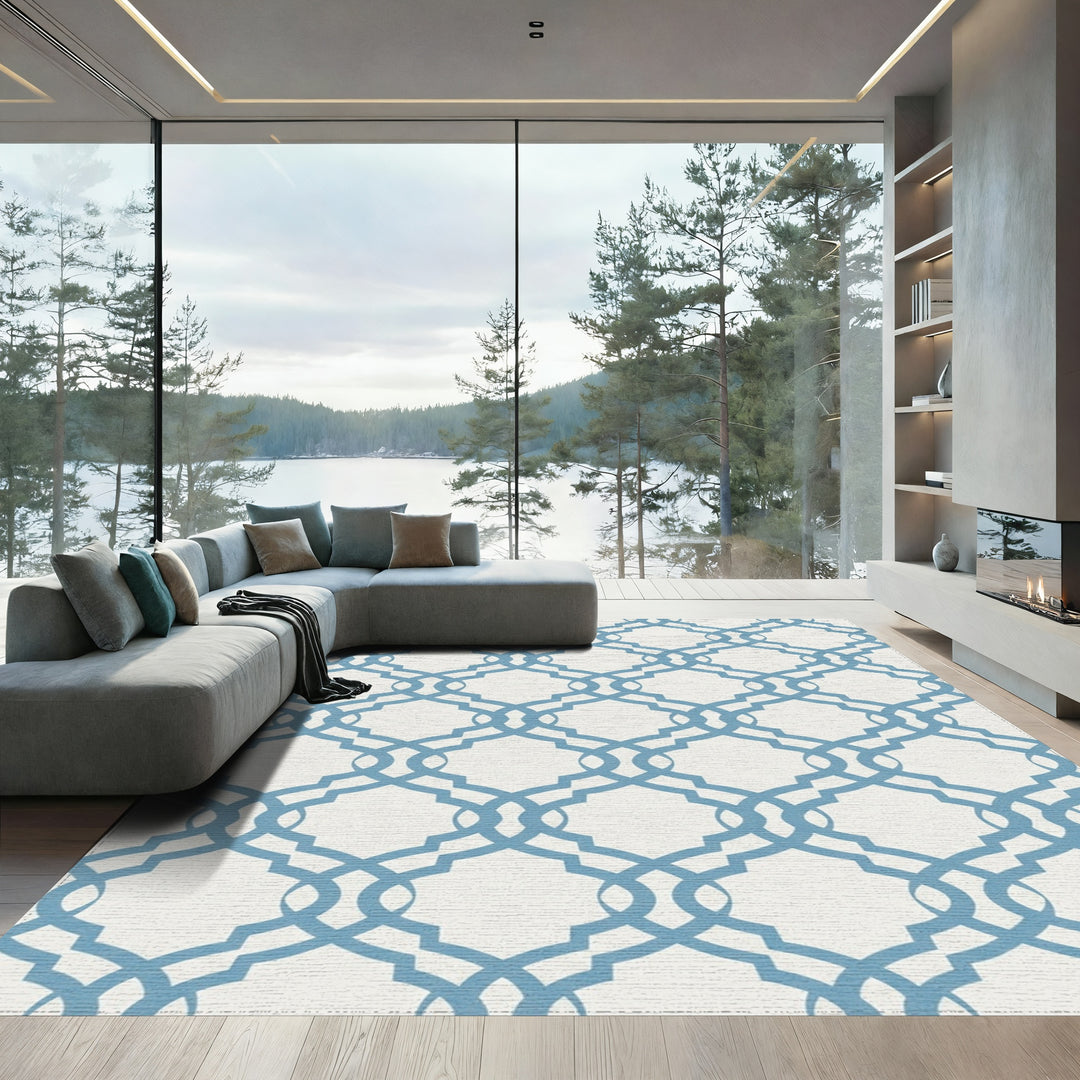 Soft Blue Lattice Trellis Rug