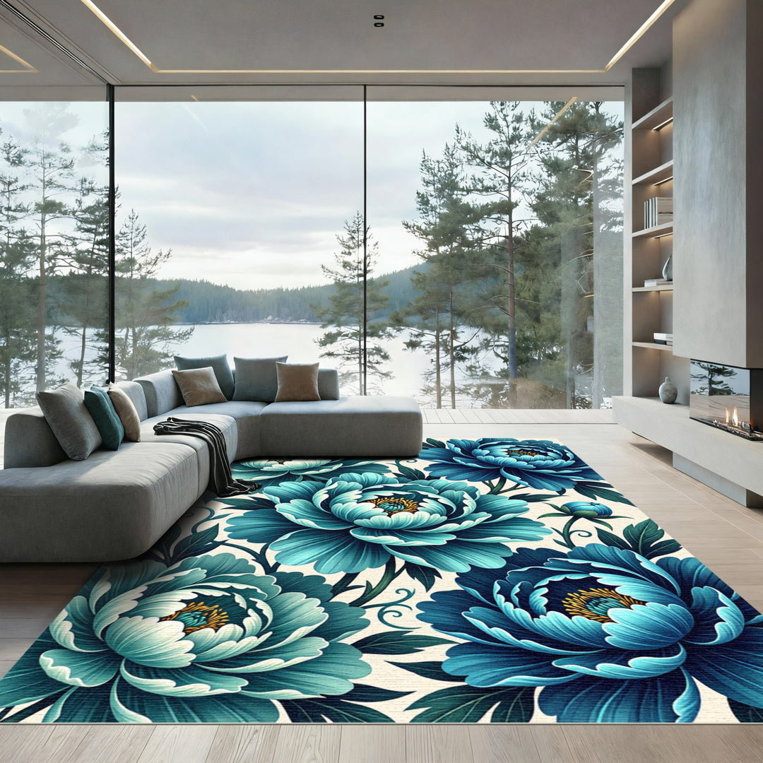 Turquoise Peony Flower Botanical Art Rug