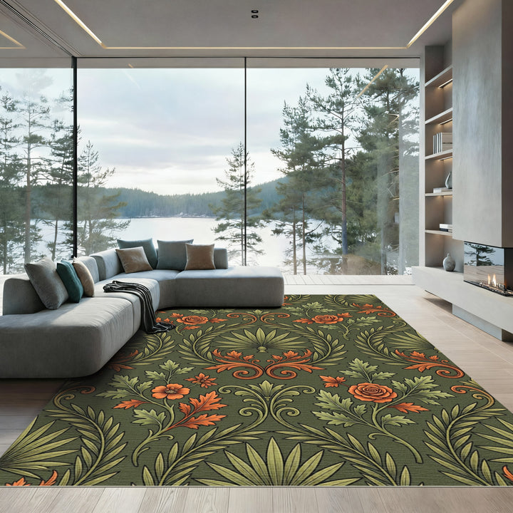 Vintage Green Orange Floral Scroll Rug