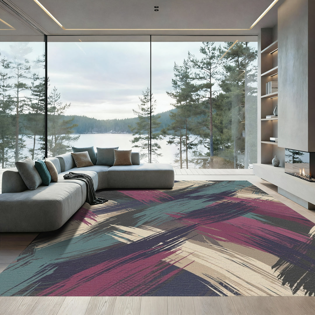 Bold Crimson Teal Brushstroke Abstract Rug