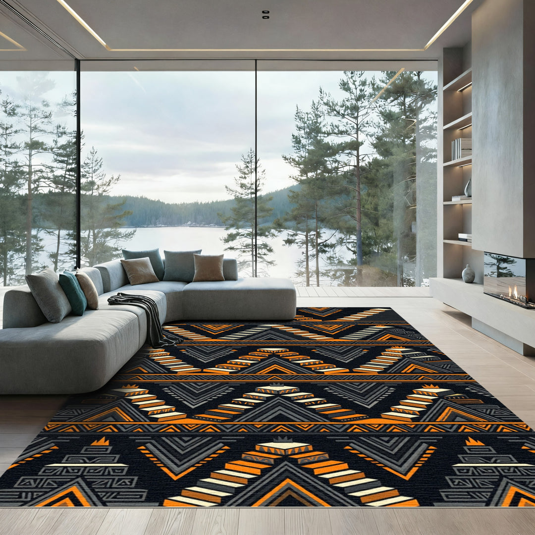 Textured Orange and Gray Aztec Steps Rug