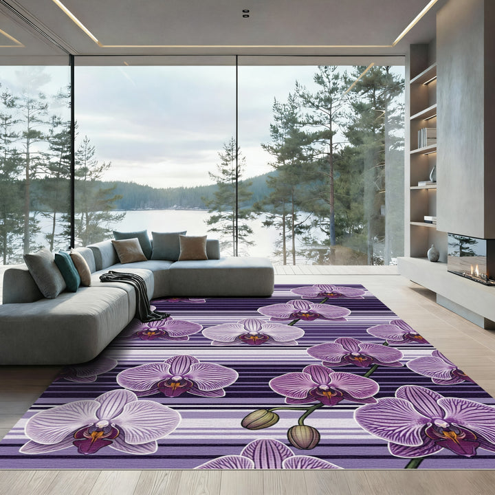 Purple Orchid Stripes Floral Rug