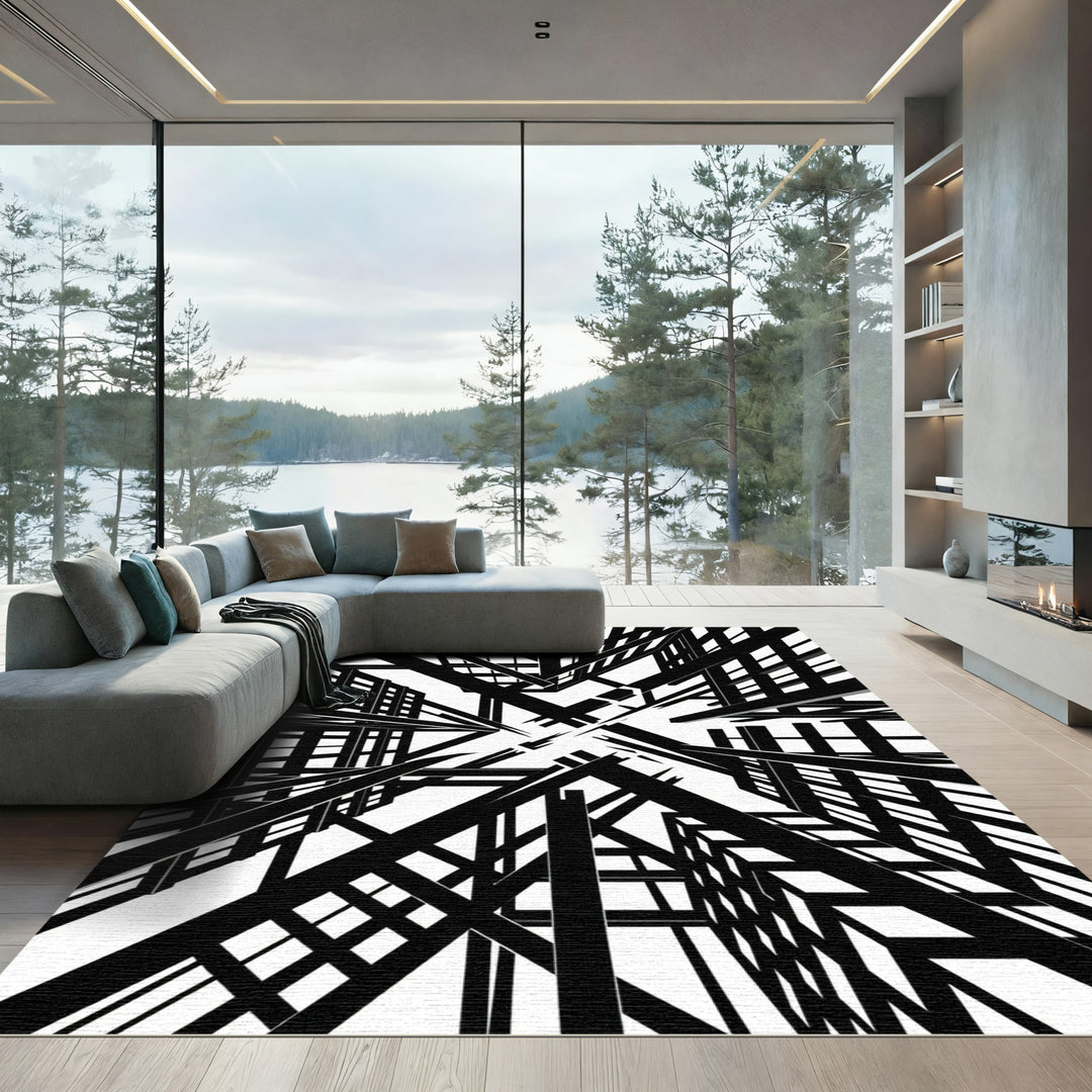 Bold Black White Architectural Grid Rug