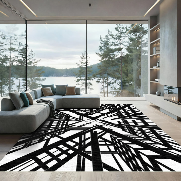Bold Black White Architectural Grid Rug