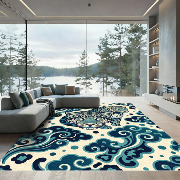 Cool Blue Leopard Swirl Art Rug