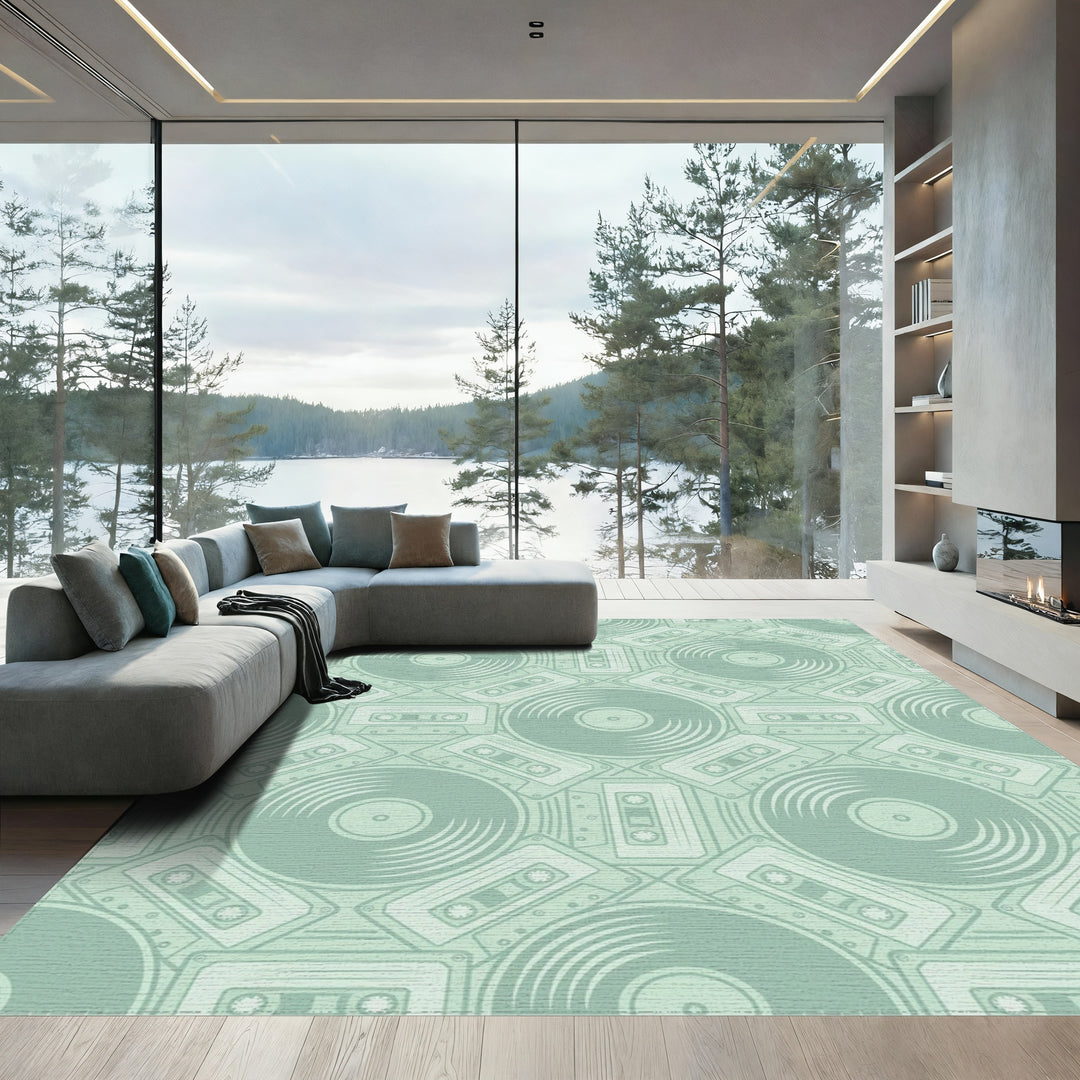 Retro Teal Vinyl Cassette Collage Rug