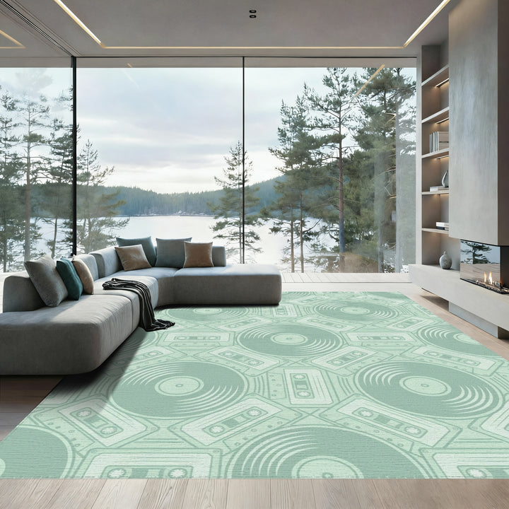 Retro Teal Vinyl Cassette Collage Rug