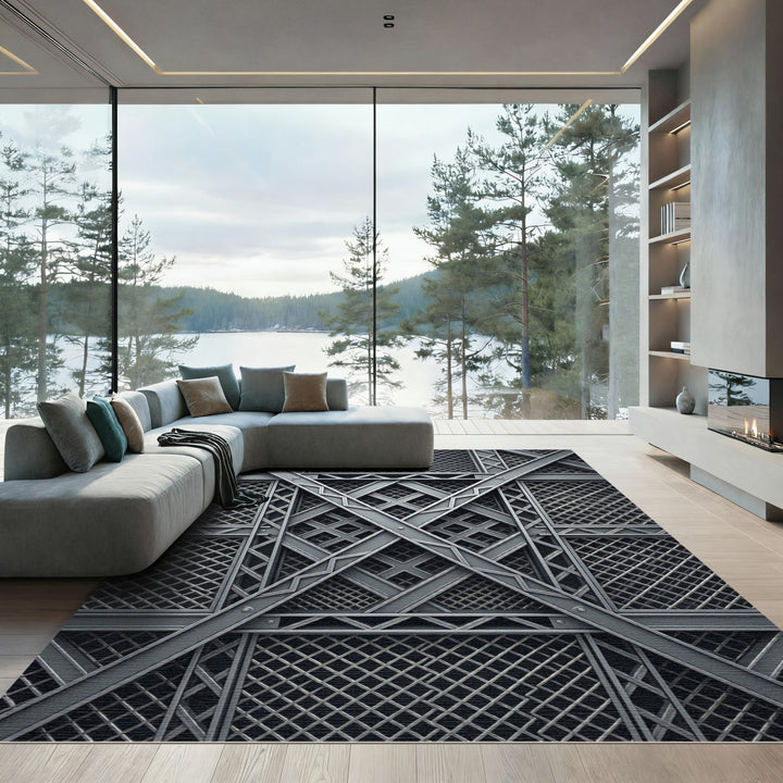 Industrial Gray Geometric Trellis Rug