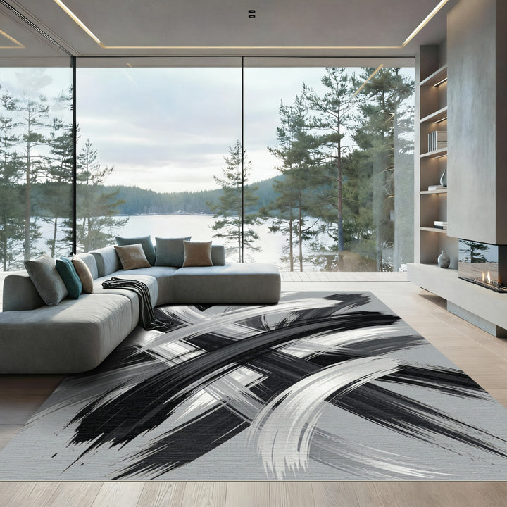 Abstract Black White Brushstroke Rug