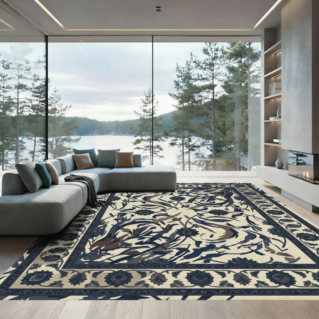 Deep Blue Floral Garden Medallion Rug
