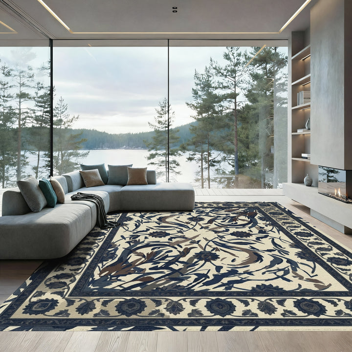 Deep Blue Floral Garden Medallion Rug