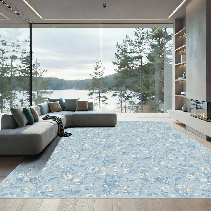 Sky Blue Floral Meadow Garden Rug