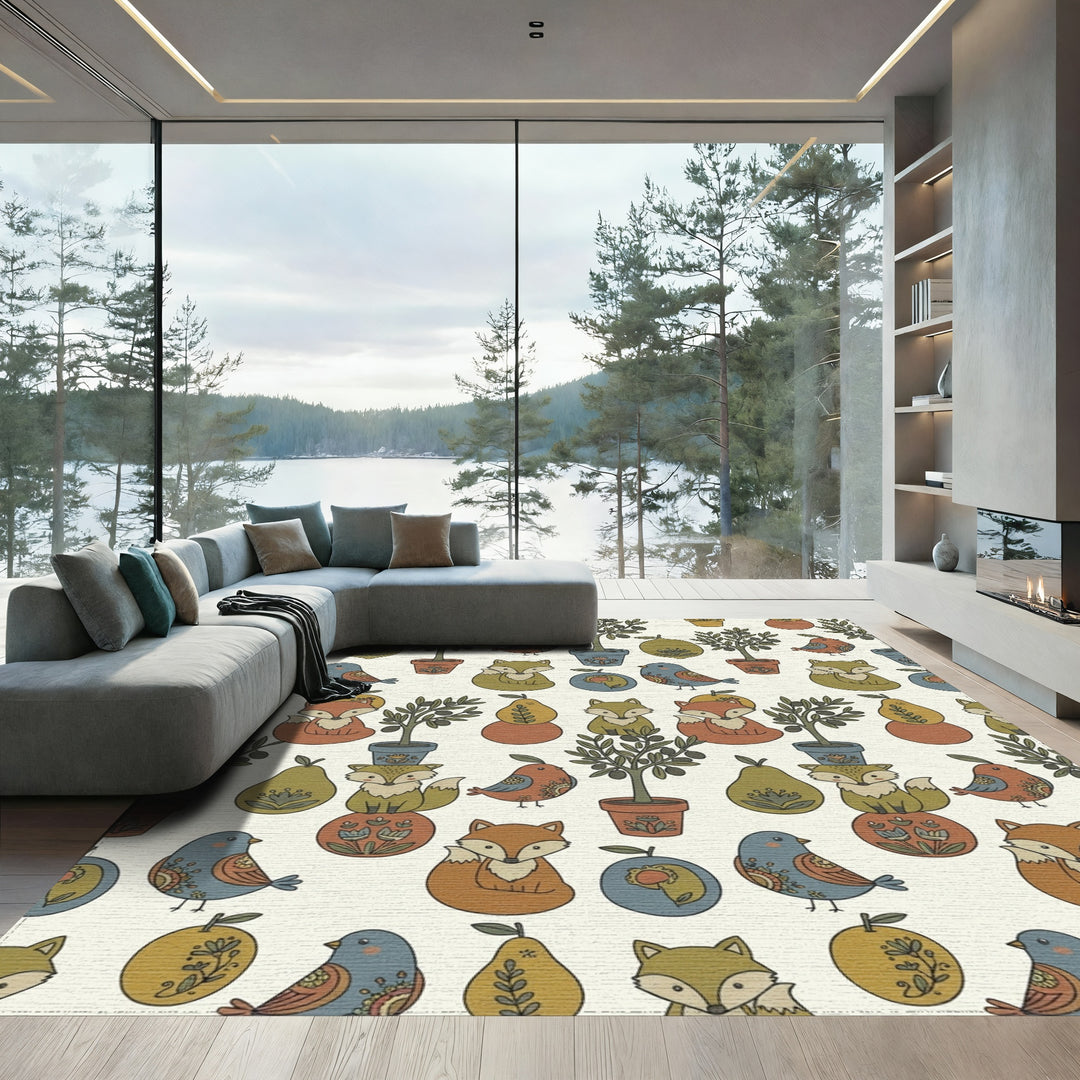 Whimsical Woodland Creatures And Olive Trees Rug