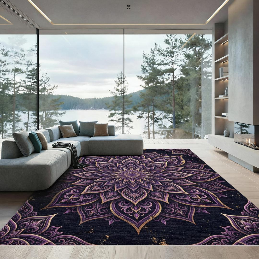 Ornate Purple Gold Mandala Rug