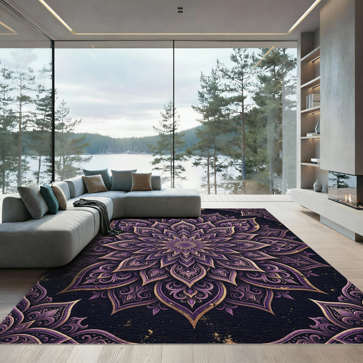 Ornate Purple Gold Mandala Rug