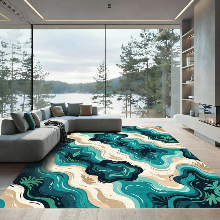 Abstract Teal Ocean Wave Rug