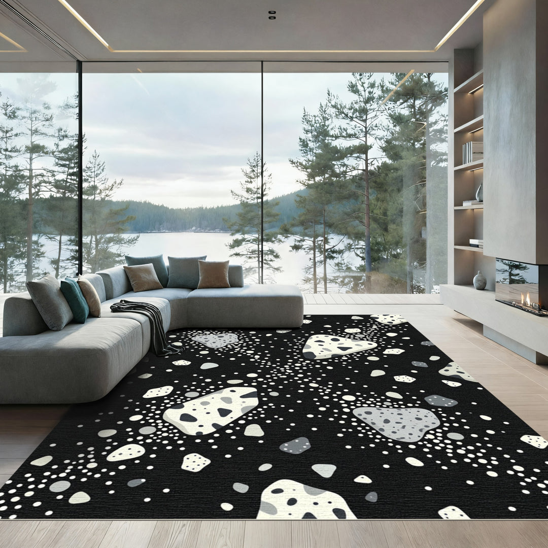 Modern Black Speckled Organic Shapes Rug