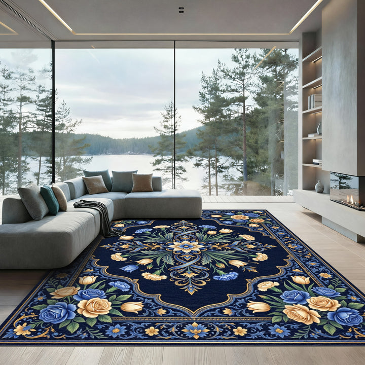 Midnight Blue Floral Scroll Medallion Rug