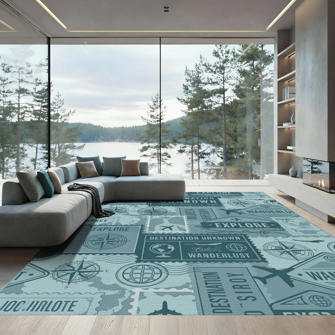 Vintage Travel Stamp Collage Rug