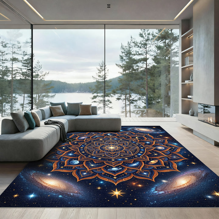 Cosmic Blue Golden Celestial Mandala Rug