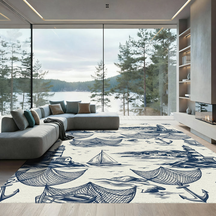 Nautical Village Lighthouse Sailboat Anchor Scene Rug