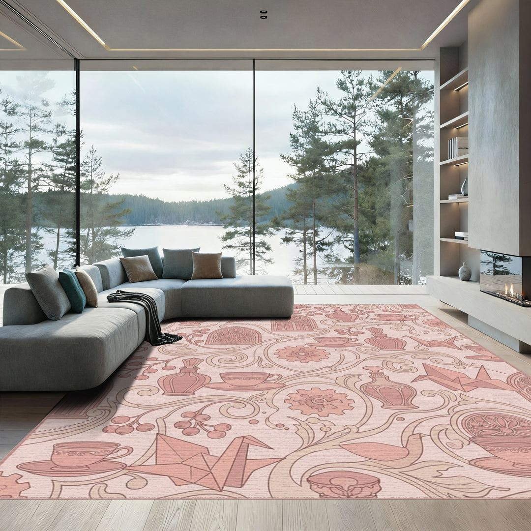 Rosy Rose Geometric Curled Vine Rug