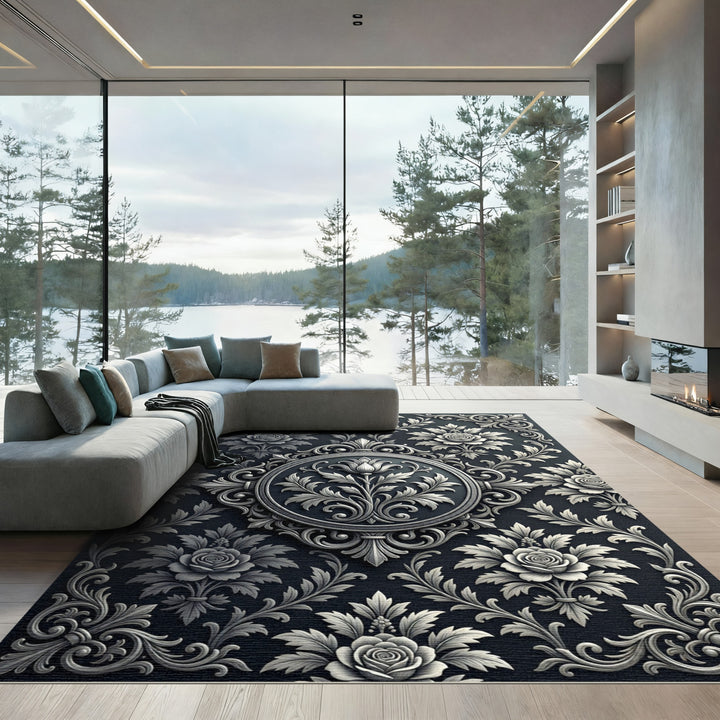 Ornate Charcoal Rose Floral Rug