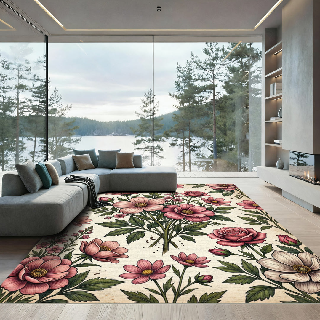 Vintage Pink Blossom Floral Bouquet Rug