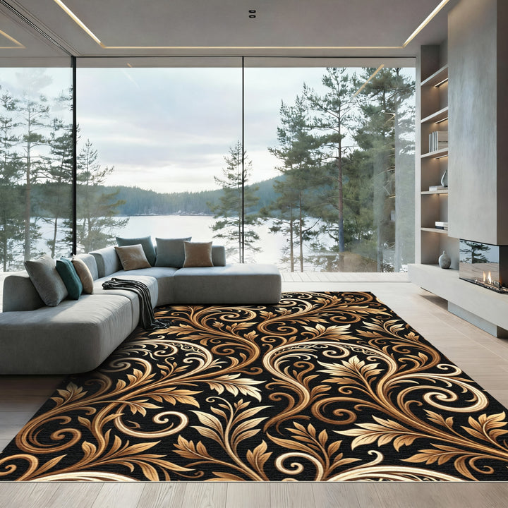 Ornate Gold Leaf Swirls Black Rug