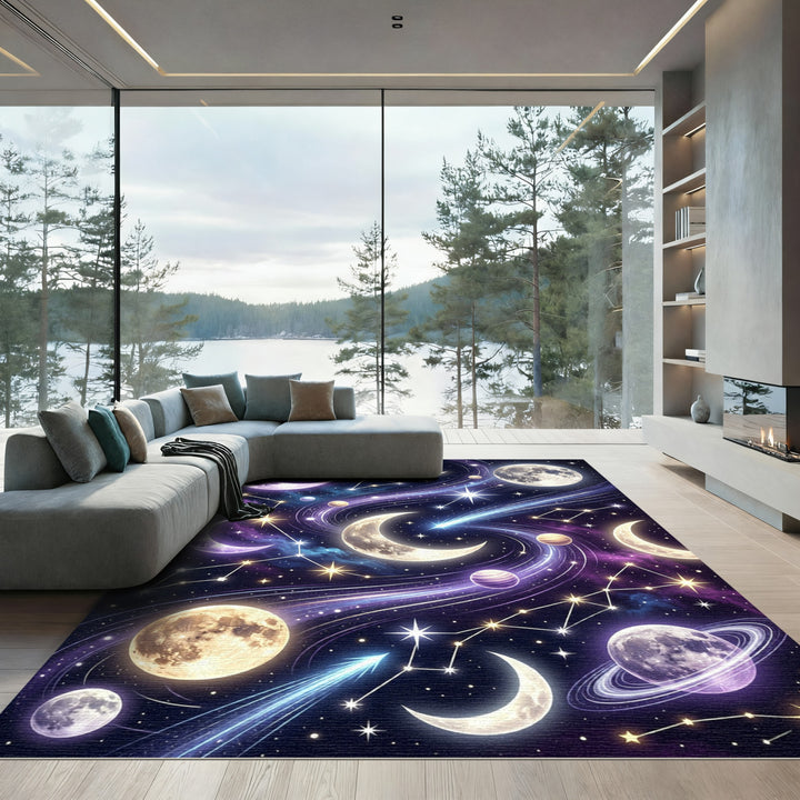 Vibrant Celestial Moon Starry Night Rug