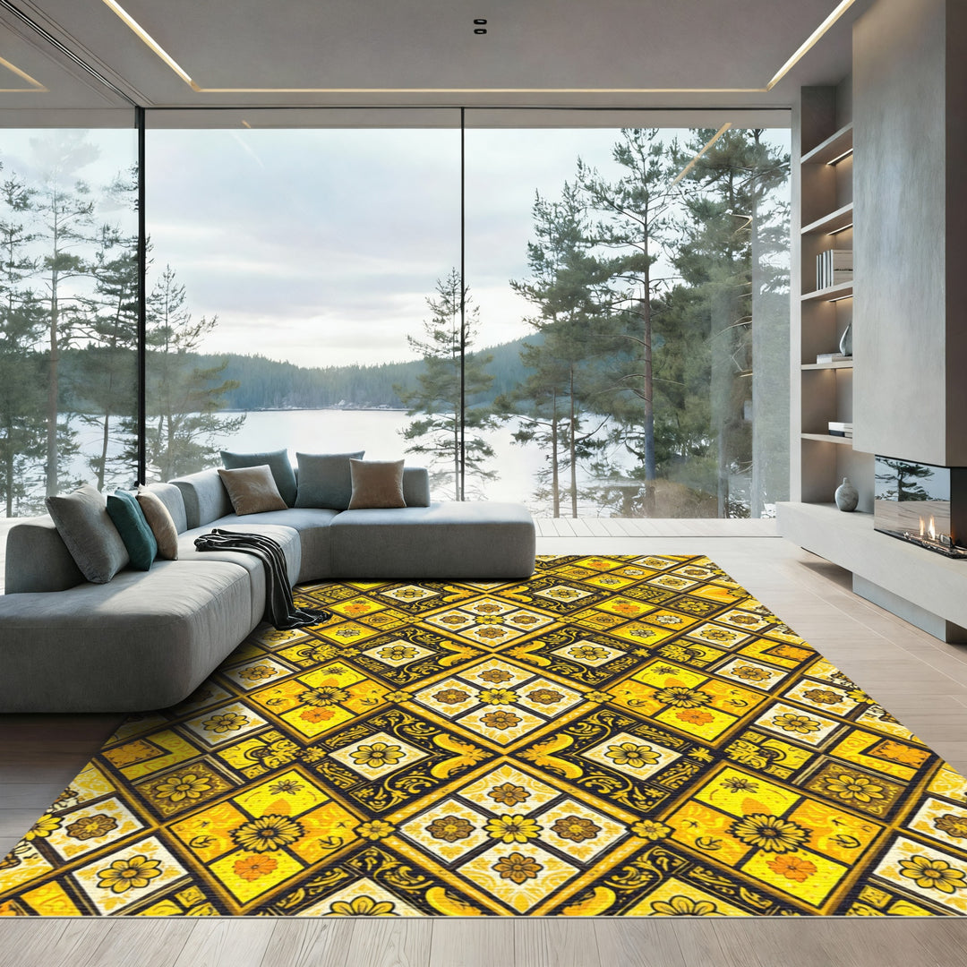 Golden Yellow Floral Diamond Area Rug