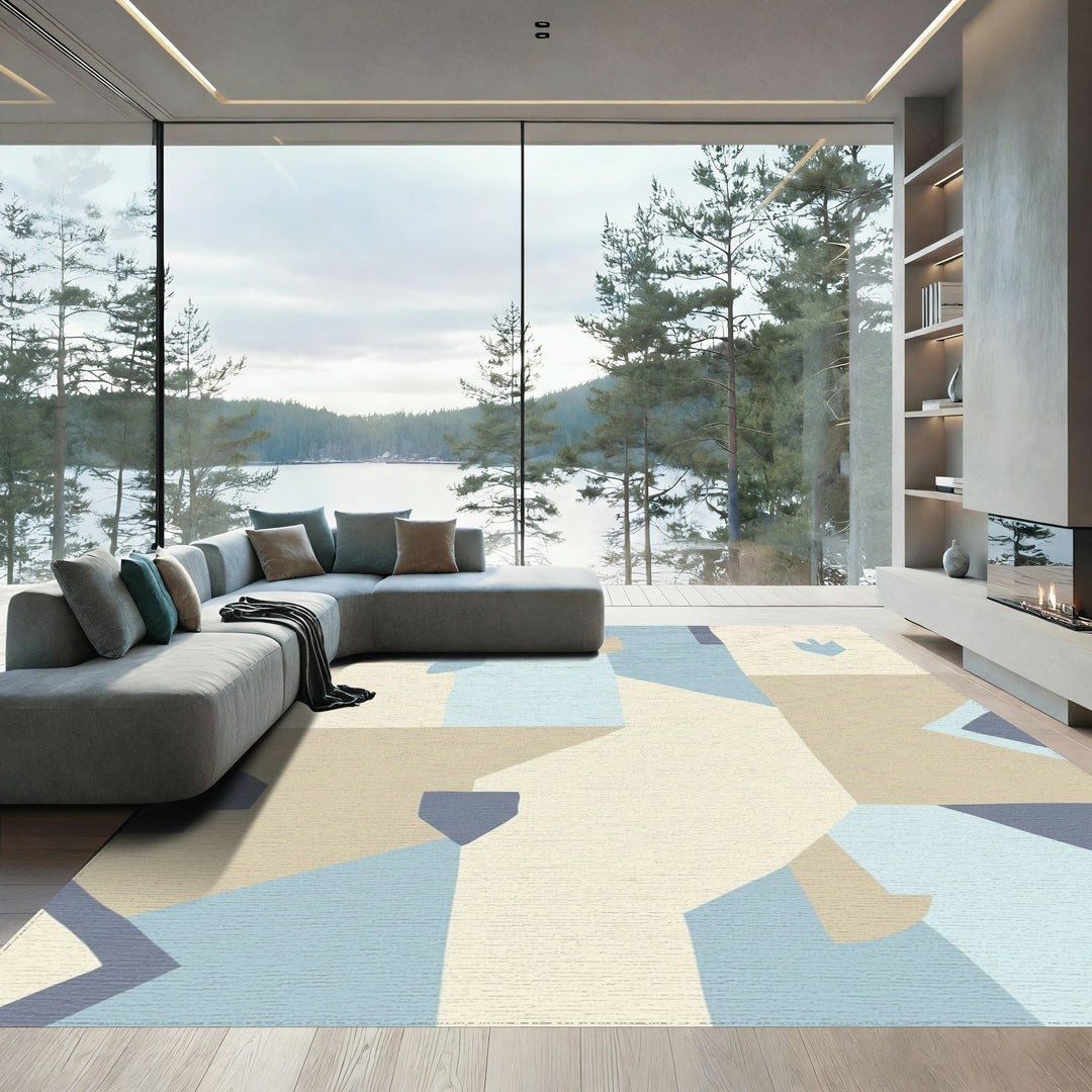 Soft Blue Tan Abstract Collage Rug